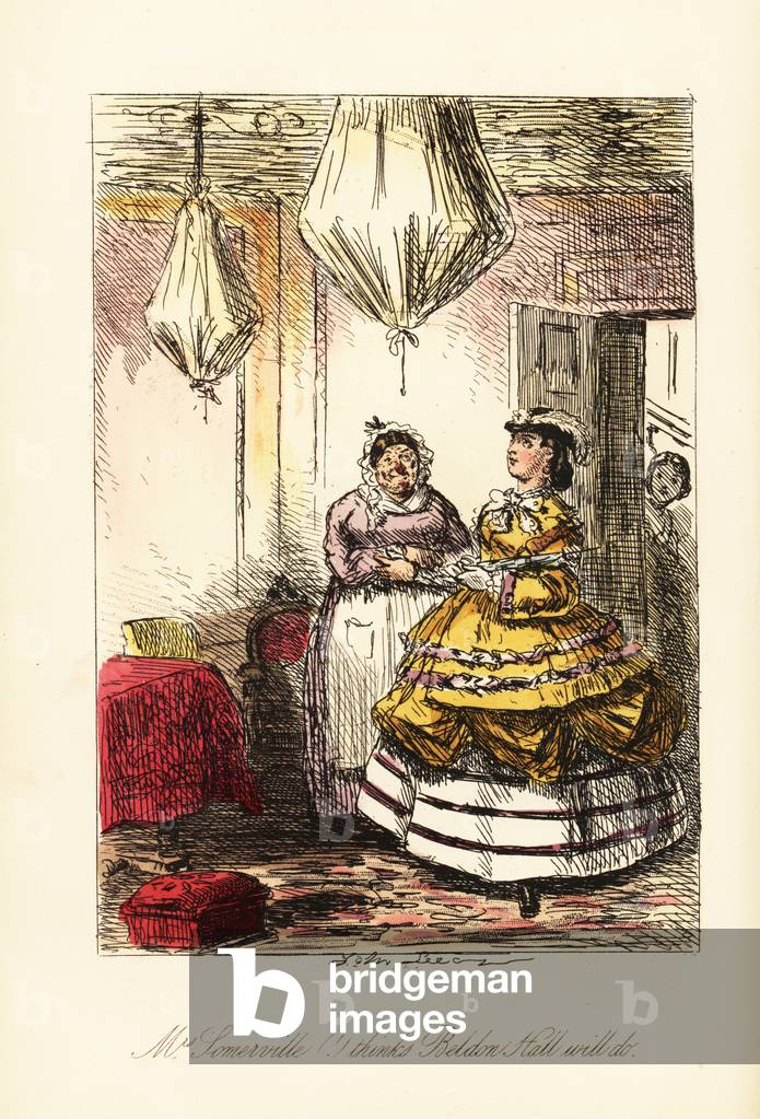 English lady surveying a fancy room with covered furniture and chandeliers in brown-holland balloons, 19th century
