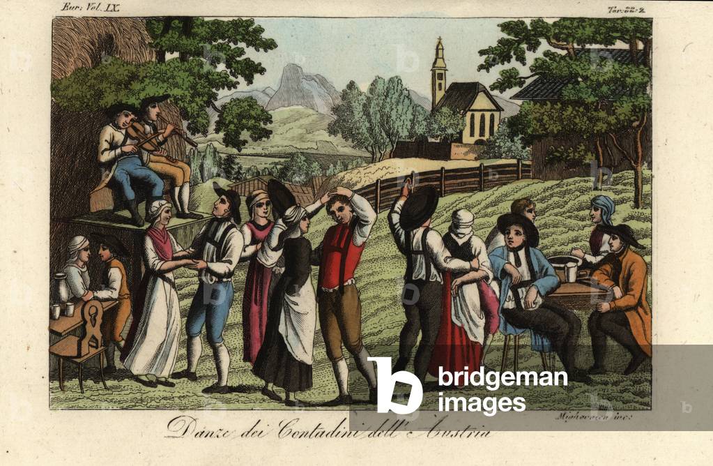 Peasants dancing in fields, Austria, 1822 (handcoloured copperplate engraving)