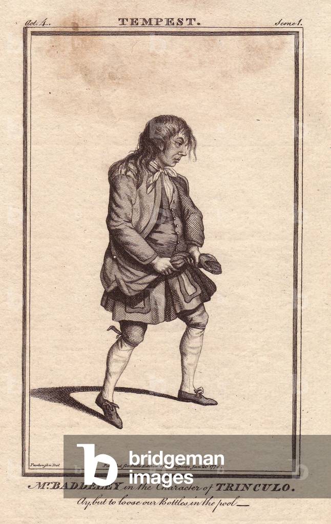 Portrait of Robert Baddely (1733-1794) in the role of Trinculo in the play La Tempete by William Shakespeare (1564-1616). Baddeley began his career at Haymarket, London in 1760, and married actress Sophia Snow on a joyful and tumultuous wedding, for whom he fought in a duel with George Garrick. Drawing by Parkinson, engraving published in “” Bell's Shakespeare””, John Bell, 1776, London, England.