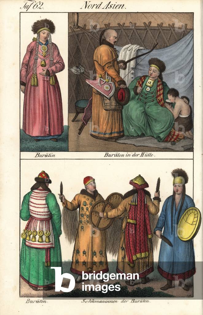 Costumes of the Buriats of Siberia (Russia): women with their pompoms and a family scene. Below, a hunter, a dignitary and a shaman holding a small ritual round shield. Lithography for the book: “” Galerie complete en tableaux fideles des peuples d'Asie”” by Friedrich Wilhelm Goedsche (1785-1863), edition Meissen (Germany), 1835-1840. Costumes of the Burat people of Siberia. Woman in coat with tassels, hunter in reindeer-skin coat with bow and quiver, noble in formal robes. Shamans in long decorated coats carrying round shields and ritual tools. Handcoloured lithograph from Friedrich Wilhelm Goedsche's “” Vollstaendige Voelkergallerie in getreuen Abbildungen”” (Complete Gallery of Peoples in True Pictures), Meissen, circa 1835-1840.