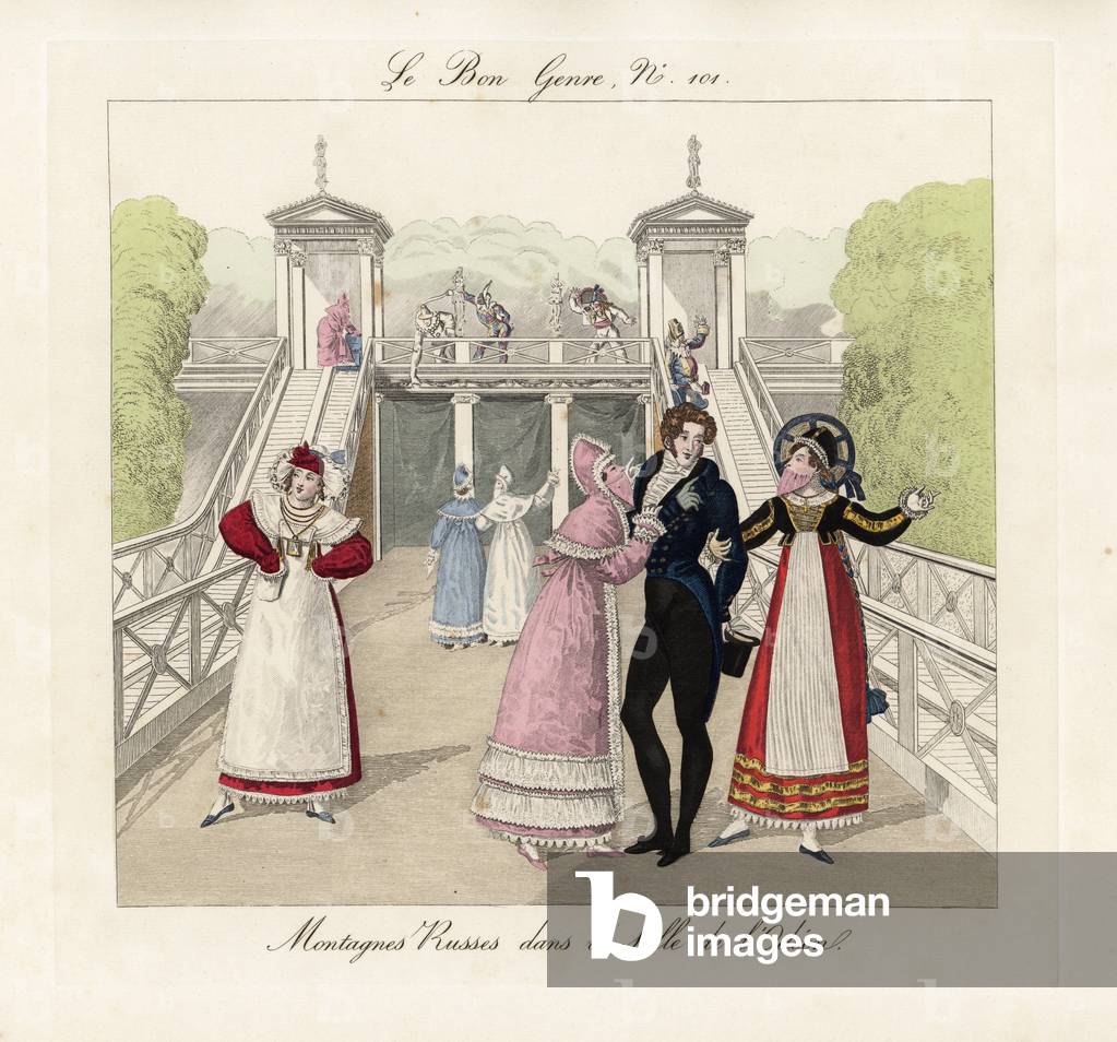 Masquerade party on the rollercoaster at the Salle de l'Odeon, 1815. Fashionable society at a masked ball in the pleasure gardens, and women wearing the Swiss Bernese style. Handcoloured engraving from Pierre de la Mesanger's Le Bon Genre, Paris, 1817.
