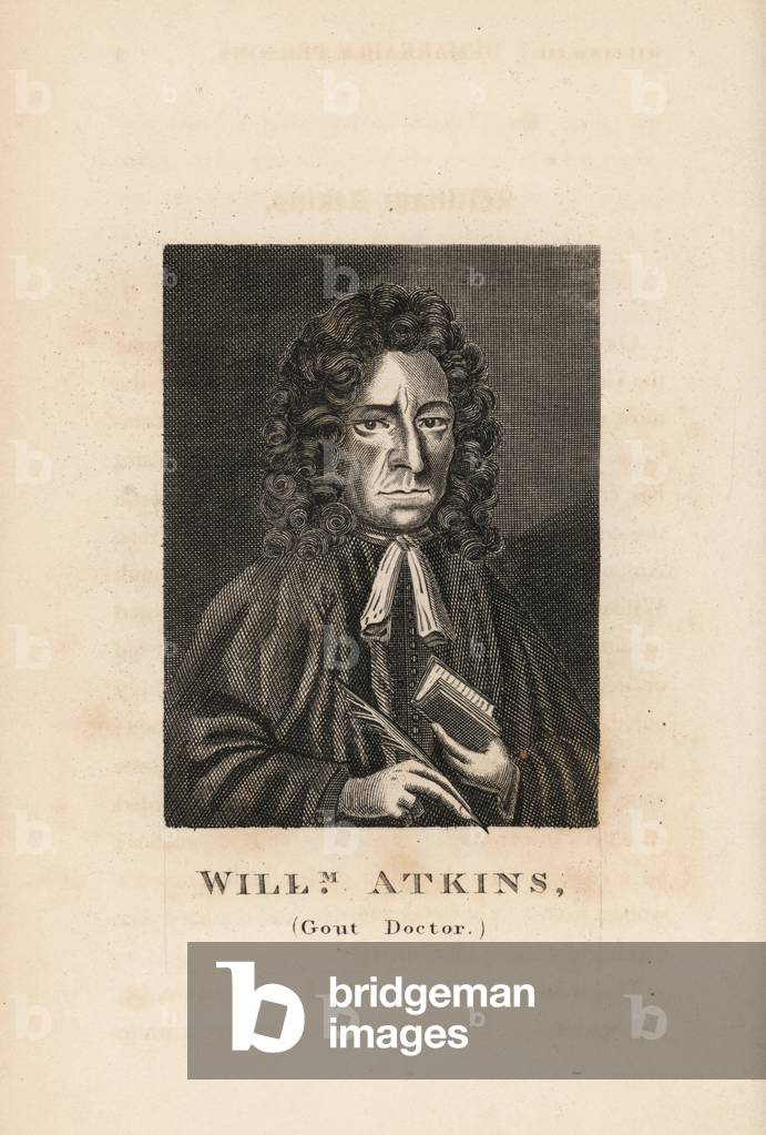 William Atkins, eccentric quack doctor known as the Gout Doctor, 18th century. Engraving from James Caulfield's Portraits, Memoirs and Characters of Remarkable Persons, London, 1819.