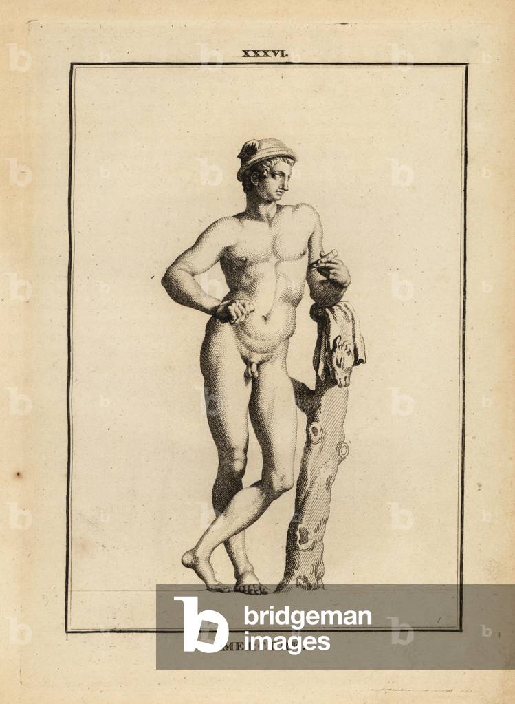 Statue of Mercury, Roman god of commerce and communication, in winged hat petasos with goat skin