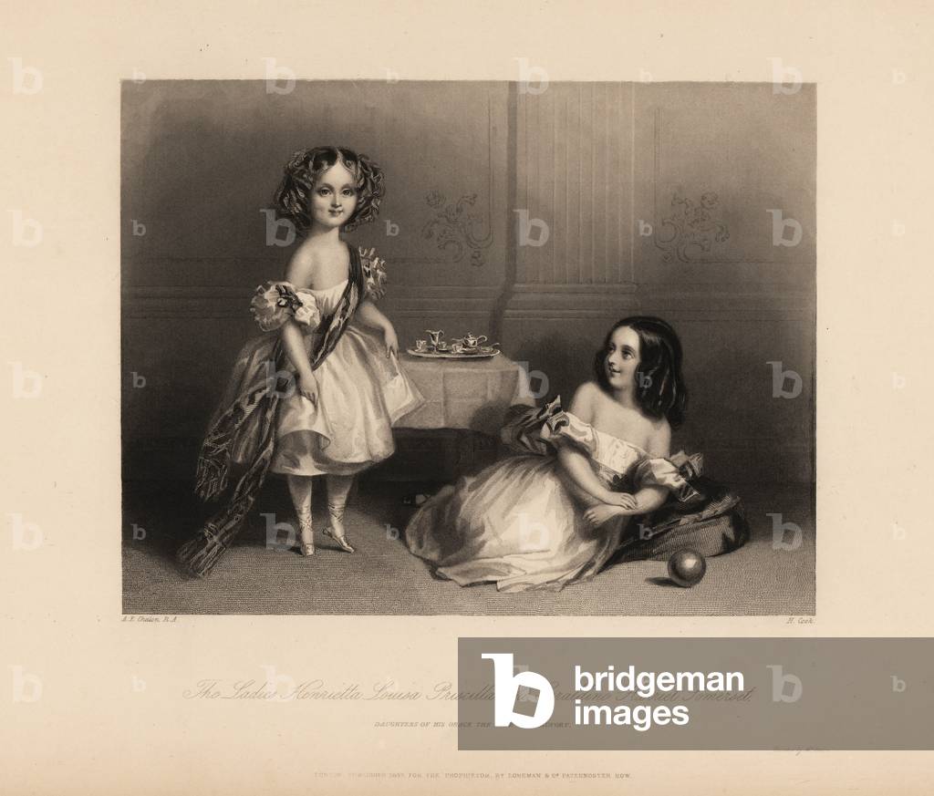 Henrietta Louisa Priscilla and Geraldine Harriet Somerset, daughters of Henry Somerset, 7th Duke of Beaufort. Two girls in off-the-shoulder dresses with ribbons, hair in ringlets, playing with a toy tea set and ball. Steel engraving by H. Cook after an illustration by Alfred Edward Chalon from Charles Heath’s Portraits of the Children of the Nobility, Longmont, London, 1838.