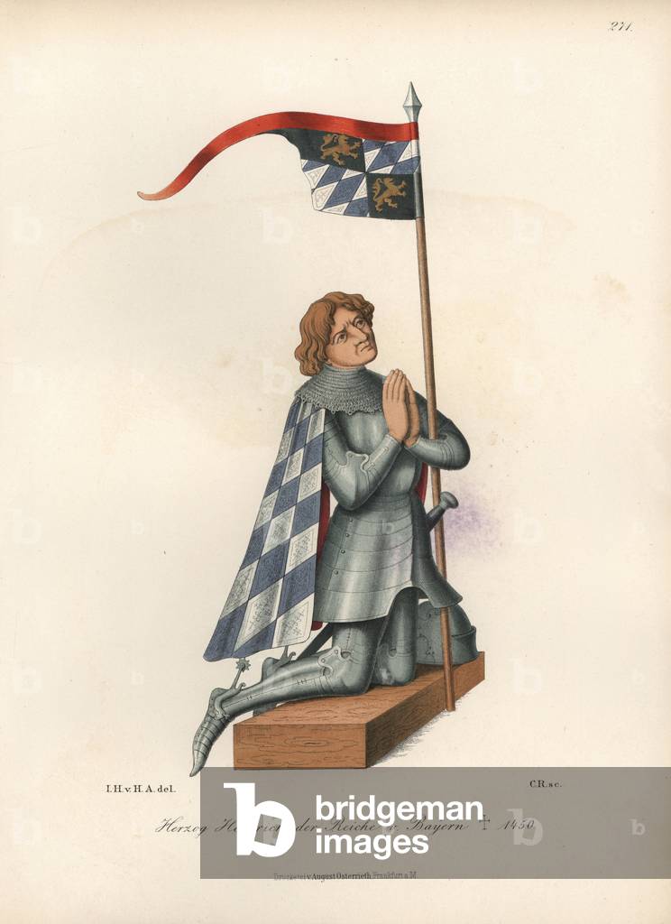 Henry XVI, Duke of Baviere (1386-1450), in armor, kneels in prayer - From a stained glass window from the church of Jenkhofen (Germany) - Chromolithography, drawing by Jakob Heinrich von Hefner-Alteneck (1811-1903), for his work “Costumes, crafts and instruments from the Middle Ages to the end of the 18th century “”, published by Heinrich Keller, Frankfurt, 1883