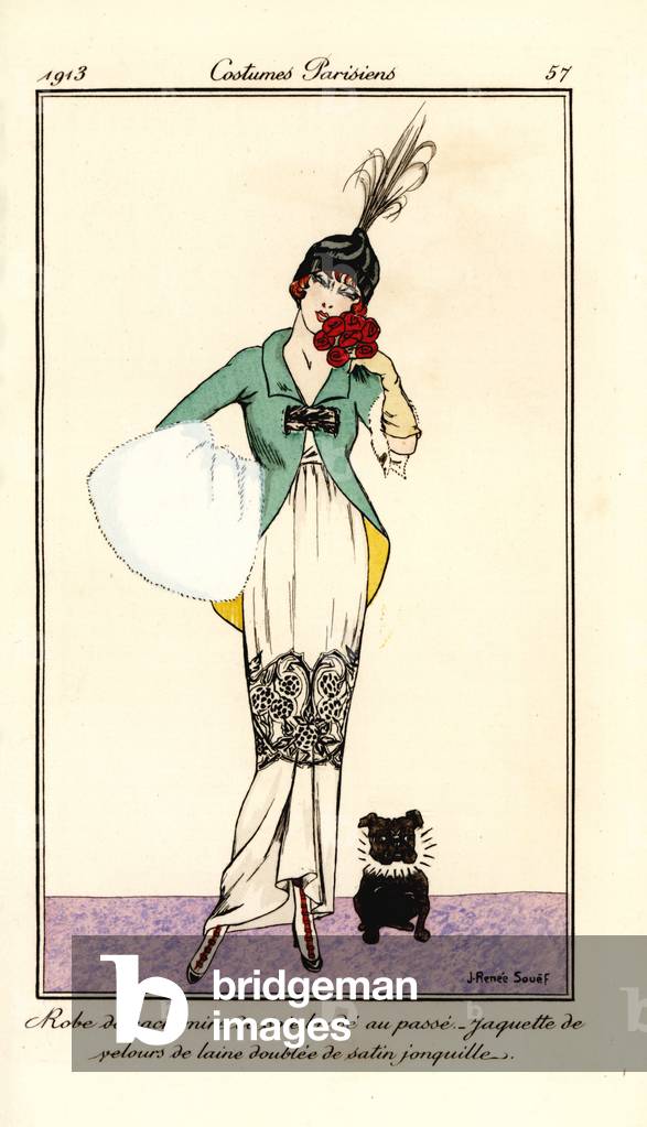 Woman in dress of silk cashmere and jacket of wool velvet lined with yellow satin, 1913 9stencil)