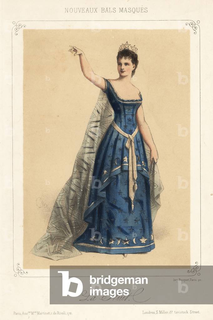 Woman in fancy dress costume as Night (la Nuit), 1880s (lithograph)