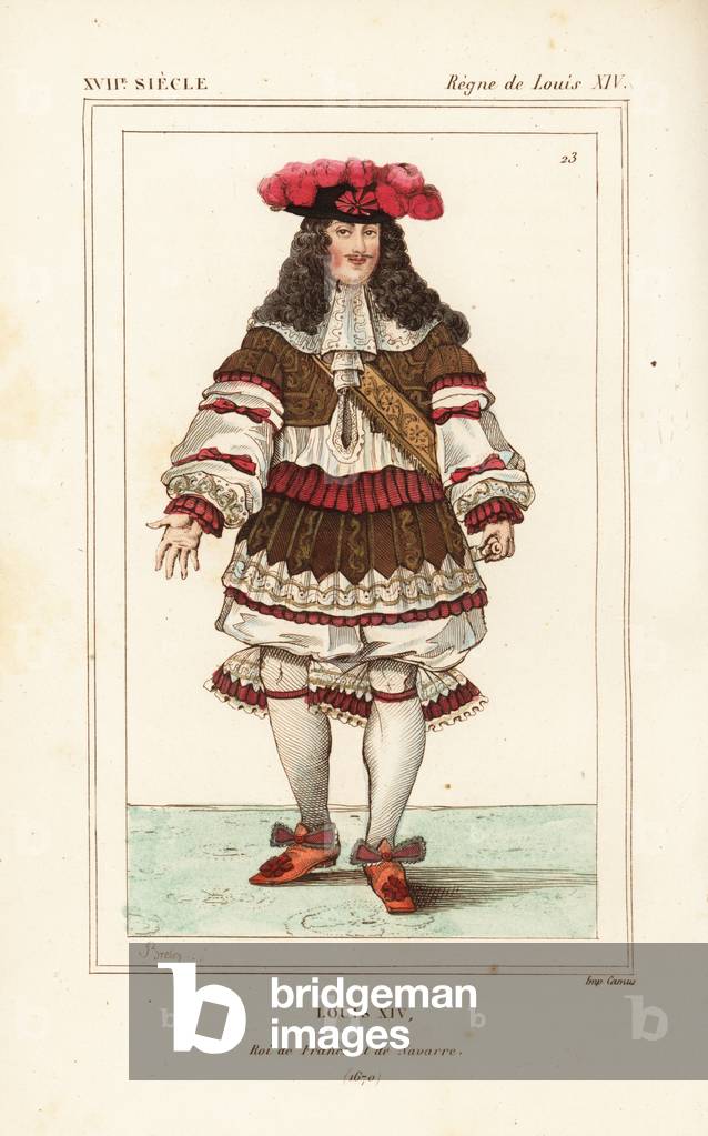 King Louis XIV, King of France and Navarre, 1670. Handcoloured lithograph by Breton after a portrait in Roger de Gaignieres' gallery portfolio X 50 from Le Bibliophile Jacob aka Paul Lacroix's Costumes Historique de la France (Historical Costumes of France), Administration de Librairie, Paris, 1852.