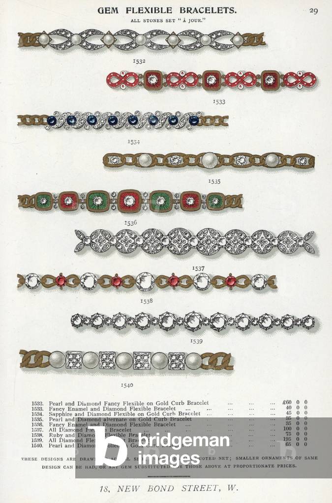 Gem flexible bracelets in pearl, diamond, enamel, sapphire and ruby. Chromolithograph from Edwin Street's Gems Catalog, Bond Street, London, circa 1895.