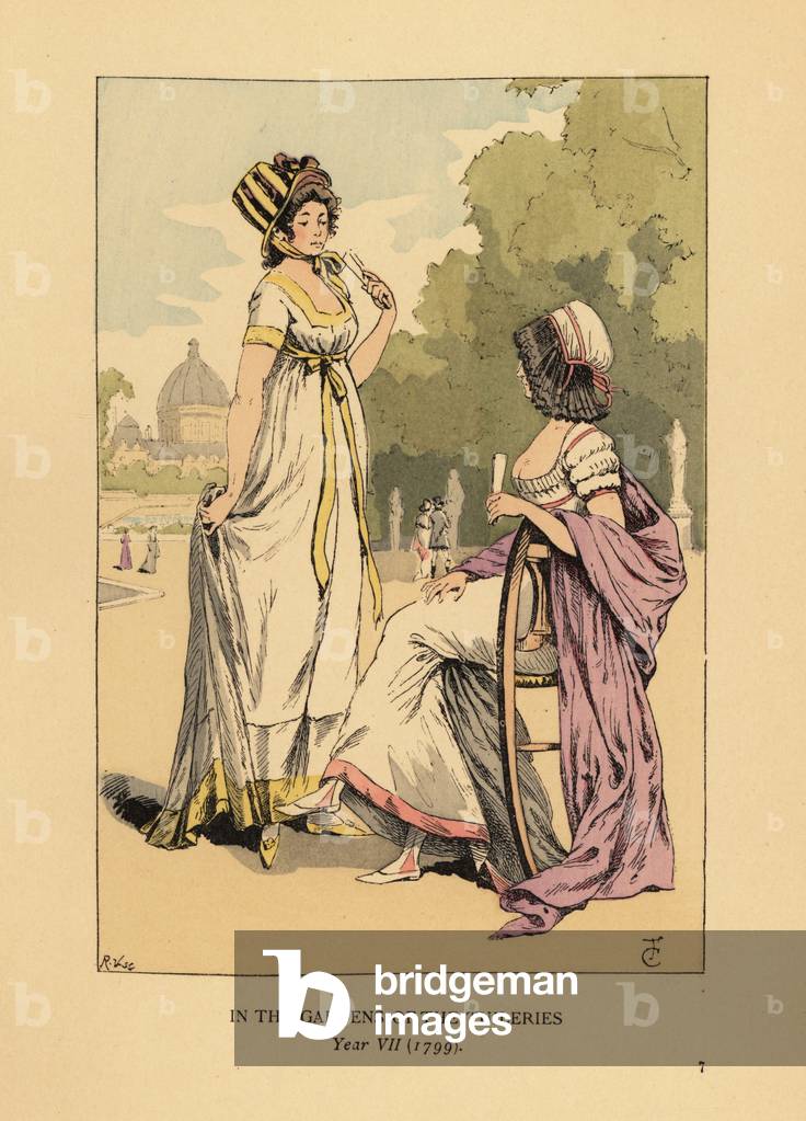 Two fashionable women in the gardens of the Tuileries, Jardins des Tuileries, Paris, Year VII, 1799. In low-cut, high-waisted robes tied with ribbons, bonnets, holding fans. Handcoloured lithograph by R.V. after an illustration by Francois Courboin from Octave Uzanne’s Fashion in Paris, William Heinemann, London, 1898.