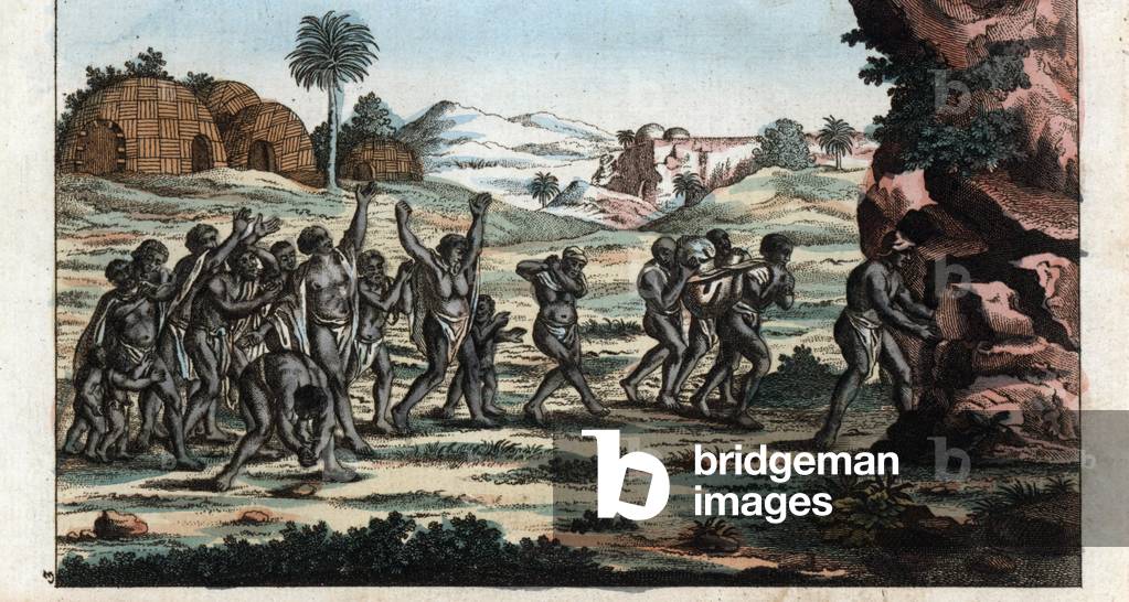 Funeral in the Khoikhoi (hottentot) people of South Africa - Strong water extracted from the Encyclopedie of Natural History: Humanite, by Gottlieb Tobias Wilhelm (1758-1811), 1804 - Funeral among the Khoikhoi people of South Africa - Handcoloured copperplate engraving from Gottlieb Tobias Wilhelm's “” Encyclopedia of Natural History: Mankind,” Augsburg, 1804