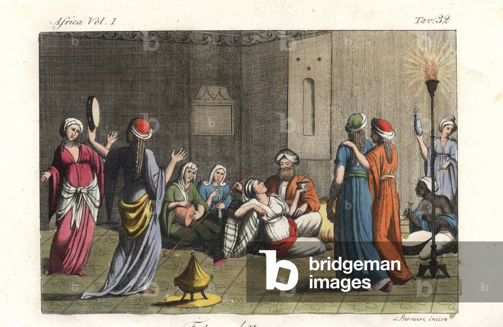 Wedding feast in an Egyptian harem, 1820, with bride and groom surrounded by female dancers and musicians. Handcoloured copperplate engraving by Andrea Bernieri after a painting by Giovanni Bigatti from Giulio Ferrario's Costumes Antique and Modern of All Peoples, 1843.