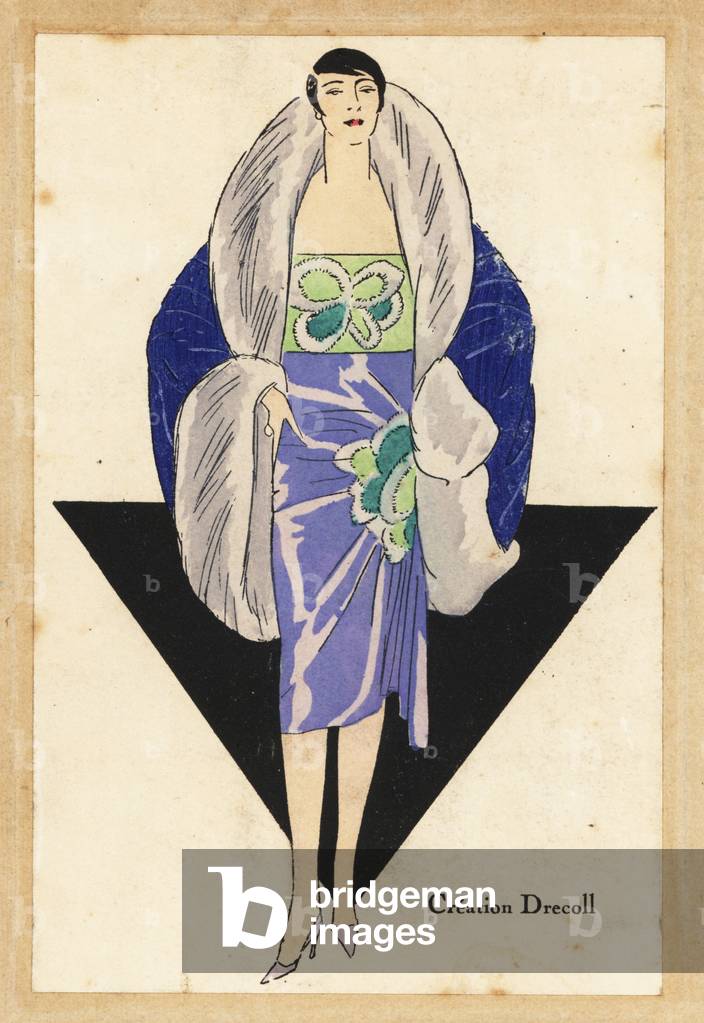 Woman in silk wrap dress and fur coat, creation Drecoll, 1926 - Woman in silk wrap dress and fur coat from Creation Drecoll - Lithograph with stencil handcolour from the luxury French fashion magazine “” Art, Gout, Beaute,”” 1926