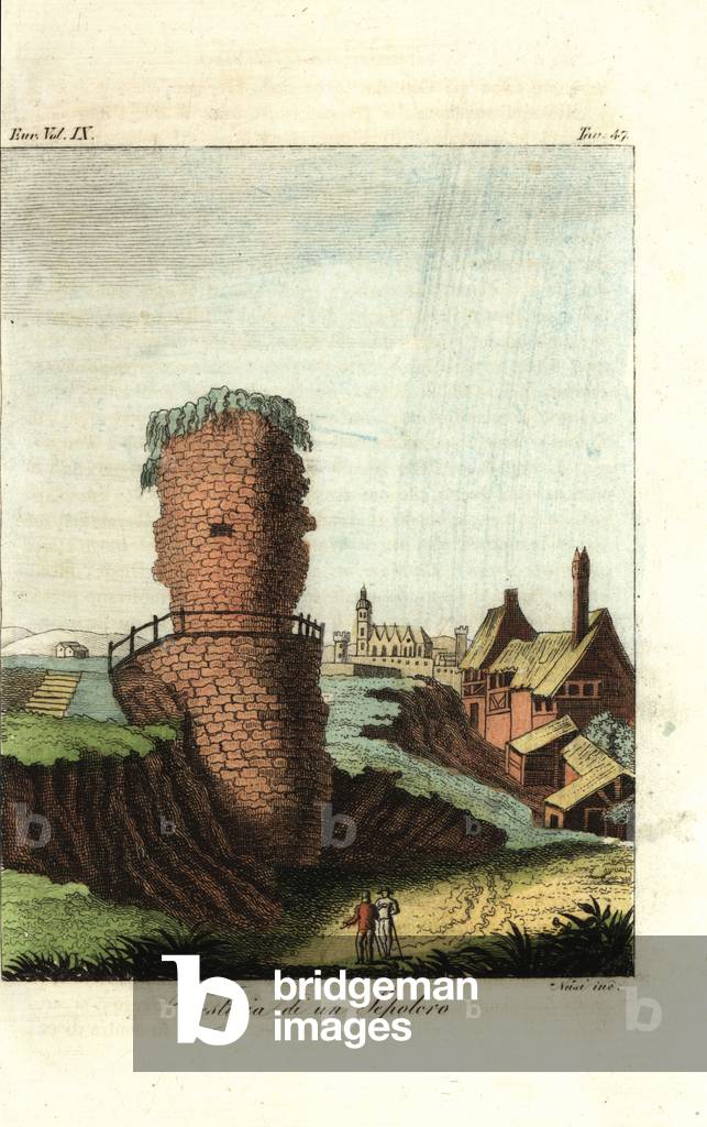Ruins of the mausoleum to Drusus near Mainz, Germany (handcoloured copperplate engraving)
