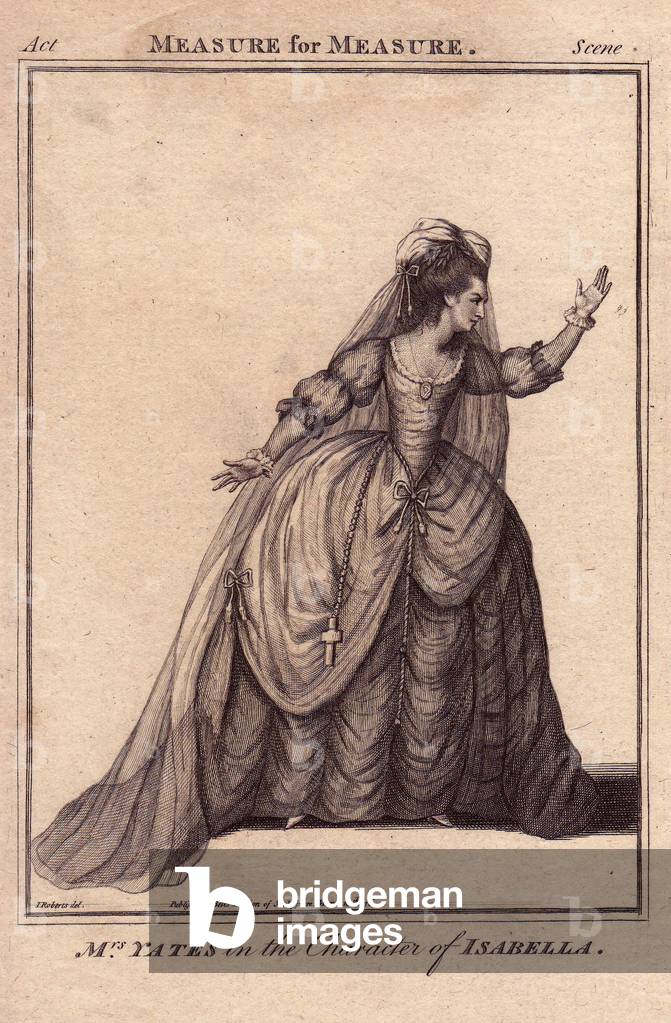 Portrait of actress Mary Ann Yates, in the role of Isabella, for William Shakespeare's piece Measure for Measure (1564-1616). Yates started on the London scene in 1754 in “Virginia” at Drury Lane. Engraving, drawn by James Roberts, in “” Bell's Shakespeare”” by John Bell, London, England, 1776.