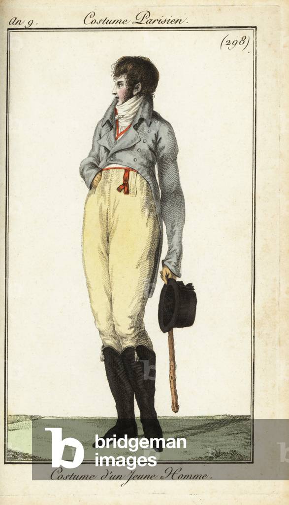 Outfit of a young man or Incroyable, May 1801 (handcoloured copperplate engraving)
