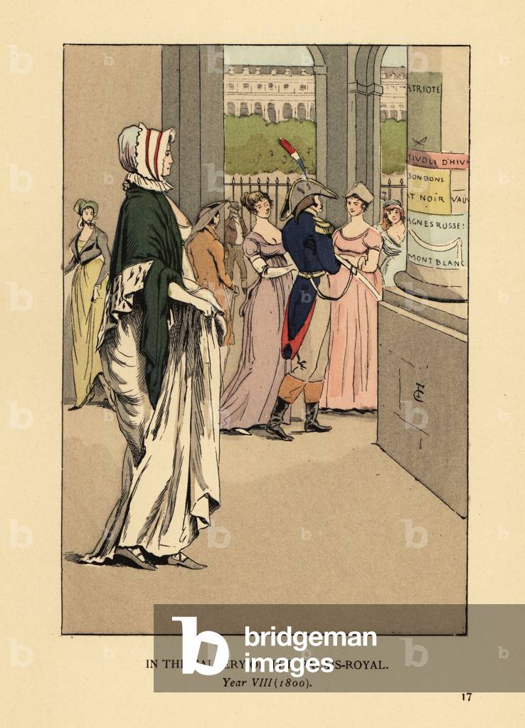 Fashionable woman strolling through the gallery of the Palais Royal, Paris, Year VIII, 1800. Handcoloured lithograph by R.V. after an illustration by Francois Courboin from Octave Uzanne’s Fashion in Paris, William Heinemann, London, 1898.
