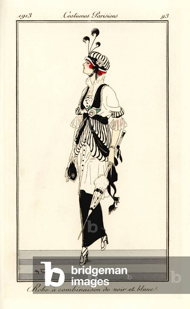 Woman in black and white dress with matching bonnet, 1913 (stencil)