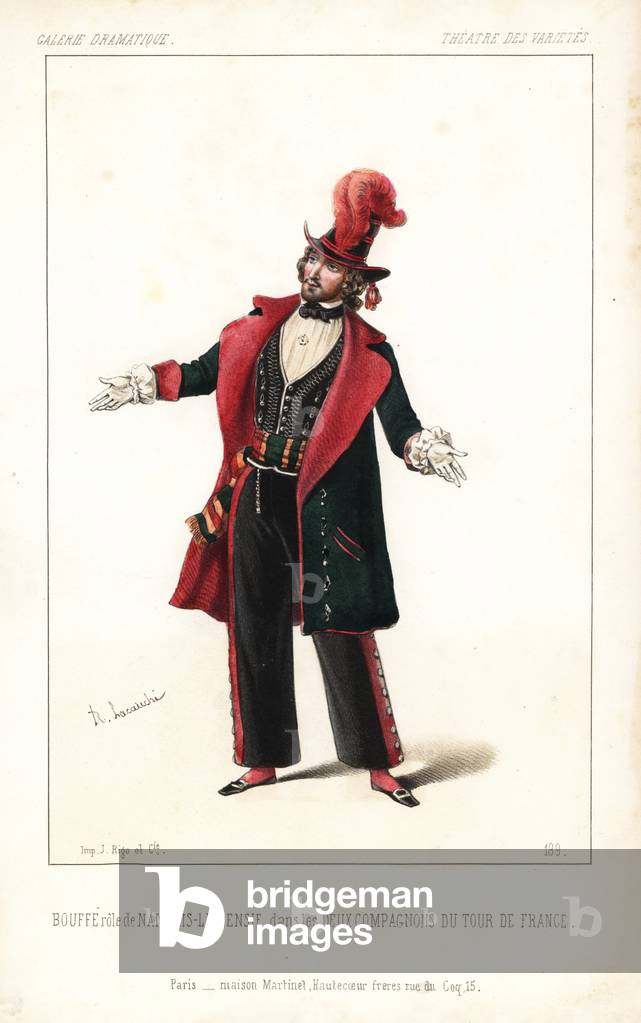 Luciano Bouffe in the role of Nantais-le-Pensif in Les Deux Compagnons du Tour de France, by Lockroy and Jules de Wailly, Theatre des Varietes, 1845. Handcoloured lithograph after an illustration by Alexandre Lacauchie from Victor Dollet's Galerie Dramatique: Costumes des Theatres de Paris, Paris, 1845.