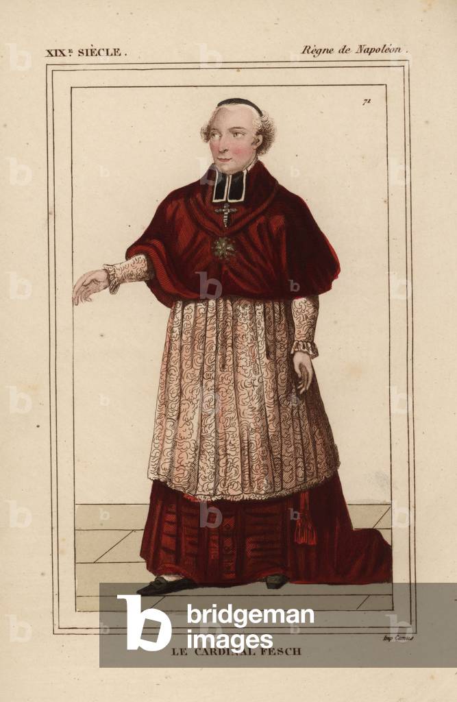 Cardinal Joseph Fesch, Prince of France, diplomat and uncle to Napoleon 1763-1839. Handcoloured lithograph from Le Bibliophile Jacob aka Paul Lacroix's Costumes Historique de la France (Historical Costumes of France), Administration de Librairie, Paris, 1852.