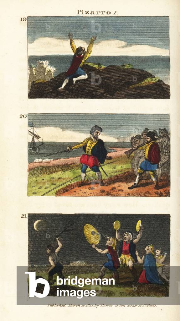 Vasco Nunez de Balboa reaching the Pacific 19, Francisco Pizarro separating his men by a line in the sand on the Isle of Gallo 20, and Peruvians afraid of a lunar eclipse 21