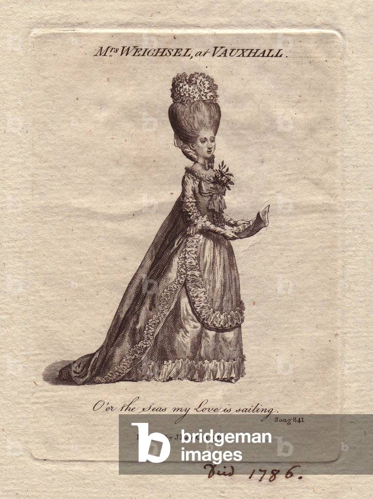 Portrait of soprano singer Fredericka Weichsel (nee Weirman, died 1786), at Vauxhall Garden, London's most fashionable and most famous scene of the 18th century. Engraving in The Voval Magazine, published by J. Bew in 1778.