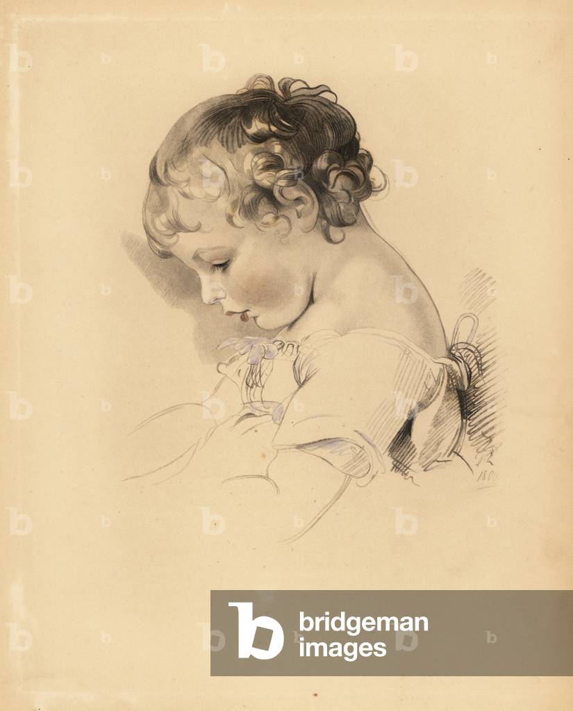 Portrait of Henry Bloxam, nephew to Sir Thomas Lawrence. Boy in dress with blue ribbon. Hand-tinted engraving by Frederick Christian Lewis after an illustration by Sir Thomas Lawrence from P.G. Patmore’s Cabinet of Gems, Ackermann, London, 1837.