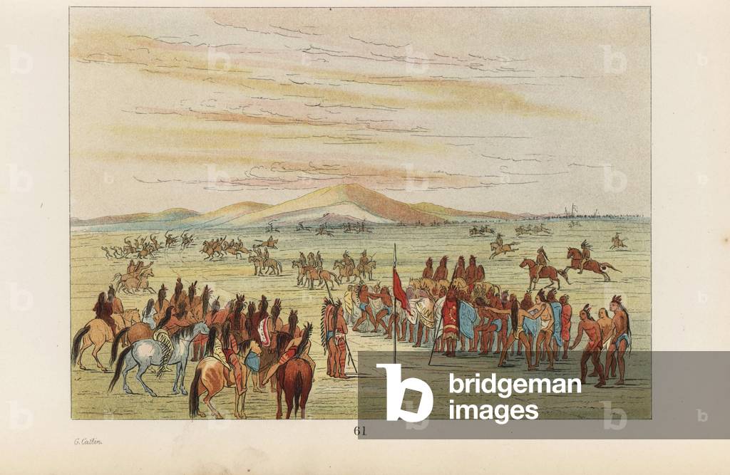 Mandan warriors enjoying a horse race and gambling in Missouri. Handcoloured lithograph from George Catlin's Manners, Customs and Condition of the North American Indians, London, 1841.