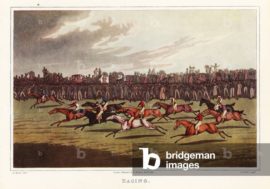 Racing scene from 1820, with thoroughbred horses and jockeys racing in front of a crowd of gentlemen, people in carriages. Color print after an engraving by I. Clark from an illustration by Henry Alken in Ralph Nevill’s Old Sporting Prints, The Connoisseur Magazine, London, 1908. Originally published in Alken’s National Sports of Great Britain, 1821.