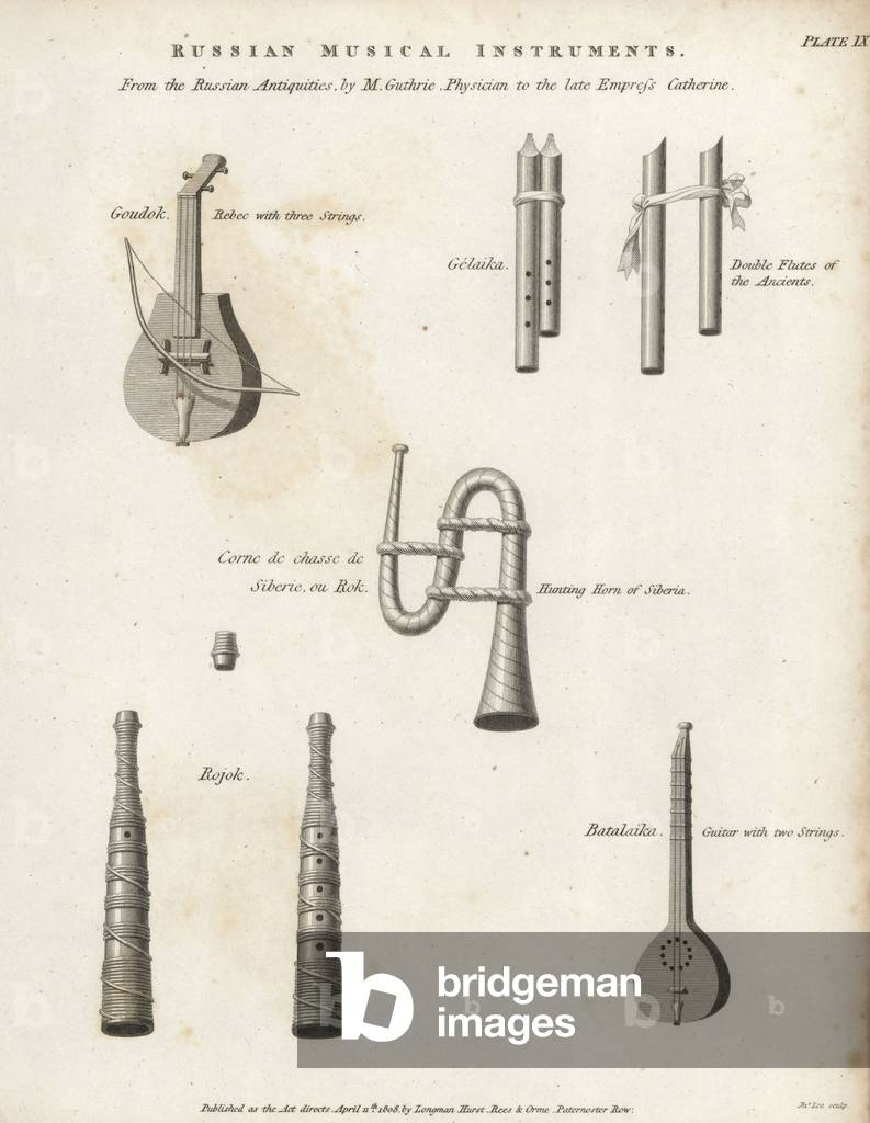 Goudok Rebec fiddle with three strings, Gelaika pipes, double flutes of the ancients, hunting horn of Siberia, Rojok (rozhok) trumpet, and Batalaika (Balalaika) guitar with two strings. From the Russian Antiquities by M. Guthrie. Copperplate engraving by John Lee from Abraham Rees' Cyclopedia or Universal Dictionary of Arts, Sciences and Literature, Longman, Hurst, Rees, Orme and Brown, London, 1820.