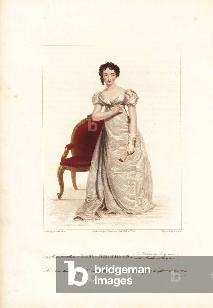 Miss Harriet Constance Smithson as Miss Dorrillon in “Wives as They Were and Maids as They Are” the Theatre Royal Drury Lane. Handcoloured stipple copperplate engraving by Robert Cooper after a painting by George Clint. From D. Terry's “” British Theatrical Gallery,” London, Henry Berthoud Jr., 1825.