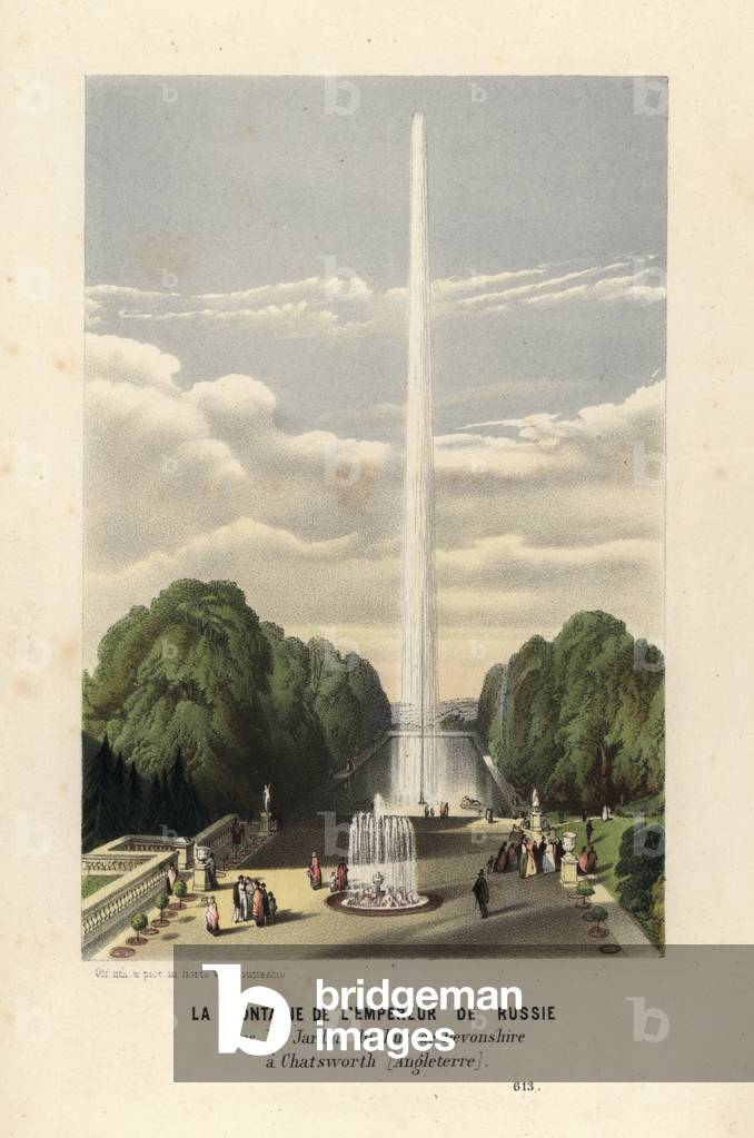 Fountain of the Emperor of Russia in the Gardens of the Duke of Devonshire at Chatsworth, England. Handcoloured lithograph from Louis van Houtte and Charles Lemaire's Flowers of the Gardens and Hothouses of Europe, Flore des Serres et des Jardins de l'Europe, Ghent, Belgium, 1867-1868.