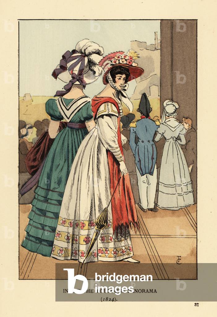 Women viewing the large cityscape inside the Boulogne Panorama, Boulevard Montmartre, Paris, 1824. Women in bonnets with feathers, dresses with apron, one with parasol. The Panoramas were an attraction built by Robert Fulton showing cityscapes (Boulogne and Constantinople) and battlescenes. Handcoloured lithograph by R.V. after an illustration by Francois Courboin from Octave Uzanne’s Fashion in Paris, William Heinemann, London, 1898.