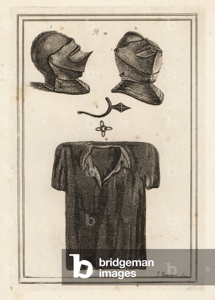 Two views of a singular helmet in the Tower of London 1,2, a curious antique pryck spur 3 and a suit of chain mail 4