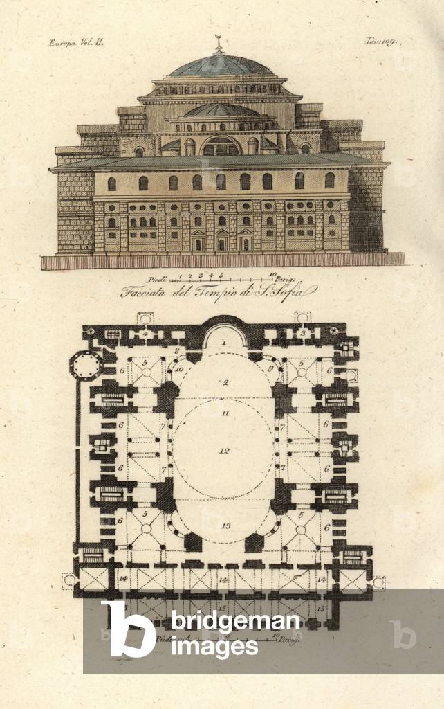 Facade and plan of the Byzantine church Hagia Sophia, Istanbul