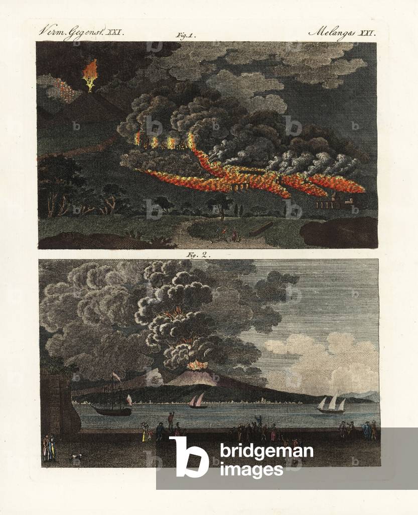Eruption of lava in 1760 (top) and ashes in 1794 (below) from Mt. Vesuvius. Handcoloured copperplate engraving from Bertuch's “” Bilderbuch fur Kinder”” (Picture Book for Children), Weimar, 1798. Friedrich Johann Bertuch (1747-1822) was a German publisher and man of arts most famous for his 12-volume encyclopedia for children illustrated with 1,200 engraved plates on natural history, science, costume, mythology, etc., published from 1790-1830.