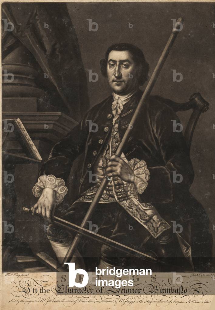 Matthew Skeggs, in the character of Seignor Bumbasto, playing a broomstick instead of a cello with a bow. Skeggs was a publican and performer of musical tricks with the Choice Spirits. Mezzotint by Richard Houston after a painting by Thomas King published by Skeggs at the Hoop and Bunch of Grapes, 1771.