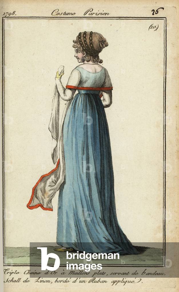 Woman with seethrough shawl in the fashion of 1798 (handcoloured copperplate engraving)