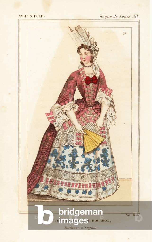 Louise Francoise de Bourbon - Louise-Francoise de Bourbon, Duchess of Enghein, 1673-1743. Handcoloured lithograph after a portrait by Bonnard from Le Bibliophile Jacob aka Paul Lacroix's Costumes Historique de la France (Historical Costumes of France), Administration de Librairie, Paris, 1852.