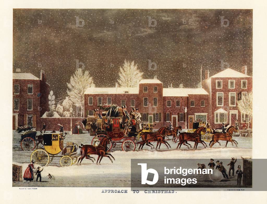 Approach to Christmas, 1830s. Six-horse mail coach on a snowy city street in a winter landscape. The coach is loaded with passengers and luggage with rabbits and game birds hanging from the sides. Boys build a snowman in the foreground. Color print after an engraving by Hunt from an illustration by James Pollard in Ralph Nevill’s Old Sporting Prints, The Connoisseur Magazine, London, 1908.