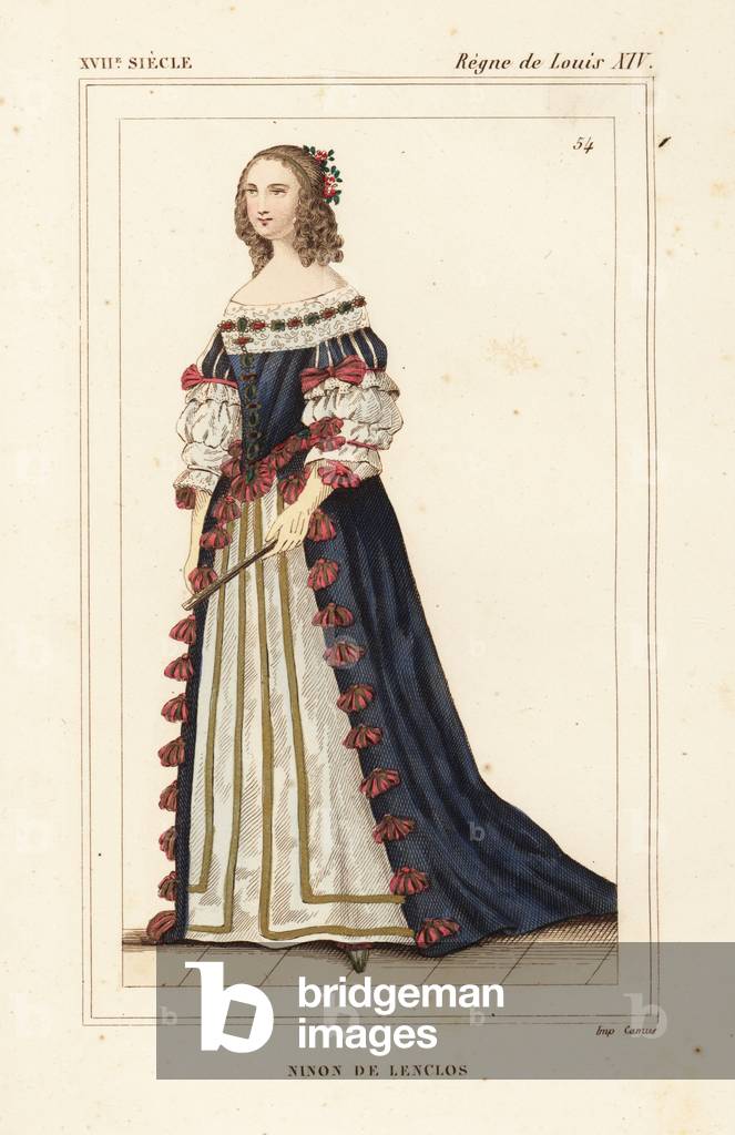 Ninon de Lenclos or Anne “” Ninon”” de l'Enclos, 1616-1705, French author, courtesan and patron of the young Moliere and Voltaire. Handcoloured lithograph after a miniature in the collection of Louis Marie Lante from Le Bibliophile Jacob aka Paul Lacroix's Costumes Historique de la France (Historical Costumes of France), Administration de Librairie, Paris, 1852.