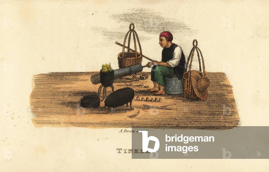 English tinker with portable forge, bellows and tools, Qing Dynasty. Handcoloured copperplate engraving by Andrea Freschi after Antoine Cardon from Henri-Leonard-Jean-Baptiste Bertin and Jean Baptiste Joseph Breton's China, Its Costumes, Arts, Manufactures, etc., Howlett and Brimmer, London, 1824.