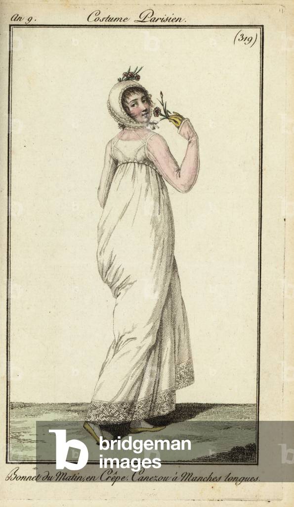 Fashionable woman in crepe morning bonnet, 1801 (handcoloured copperplate engraving)