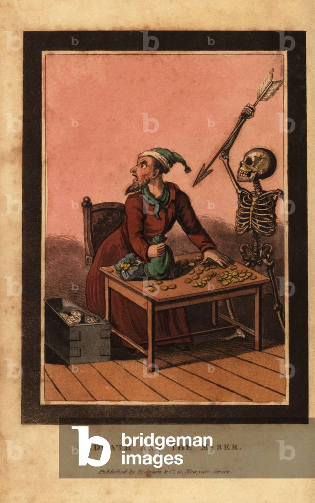 Skeleton of death aiming a dart at a miser.