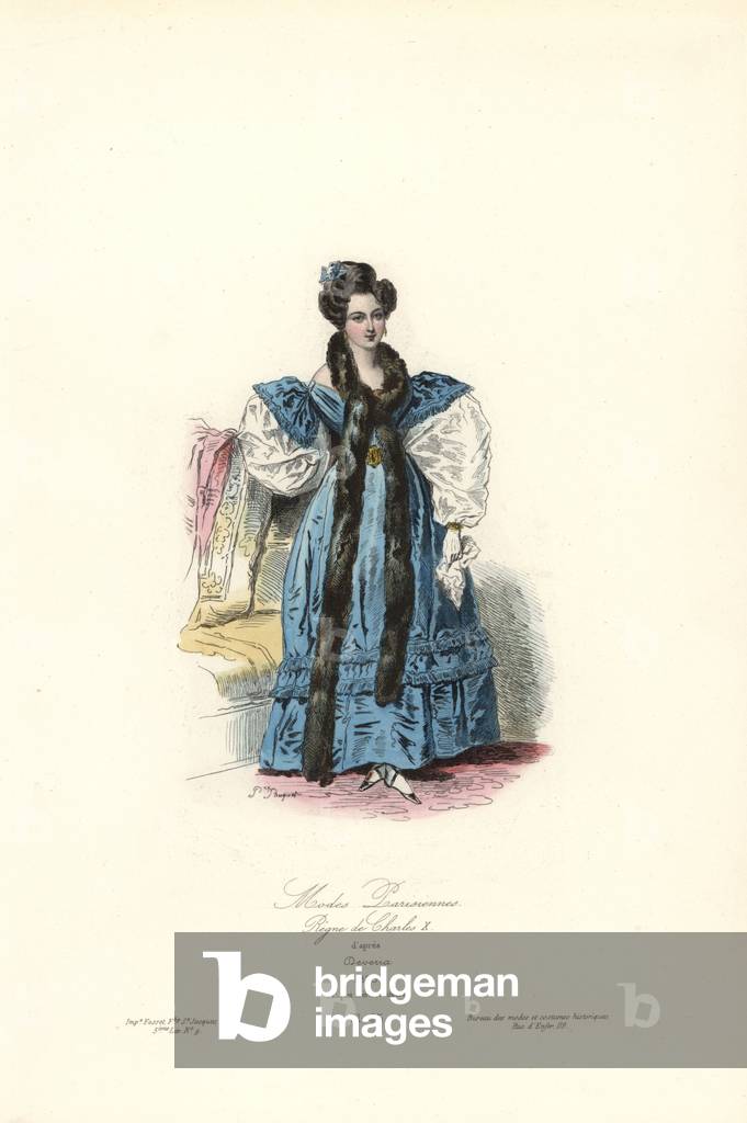 Paris fashions, reign of Charles X, 1828. Handcoloured steel engraving by Polidor Pauquet after Achille Deveria from the Pauquet Brothers' “” Modes et Costumes Historique” (Historical Fashions and Costumes), Paris, 1865. Hippolyte (b. 1797) and Polydor Pauquet (b. 1799) ran a successful publishing house in Paris in the 19th century, specializing in illustrated books on costume, birds, butterflies, anatomy and natural history.