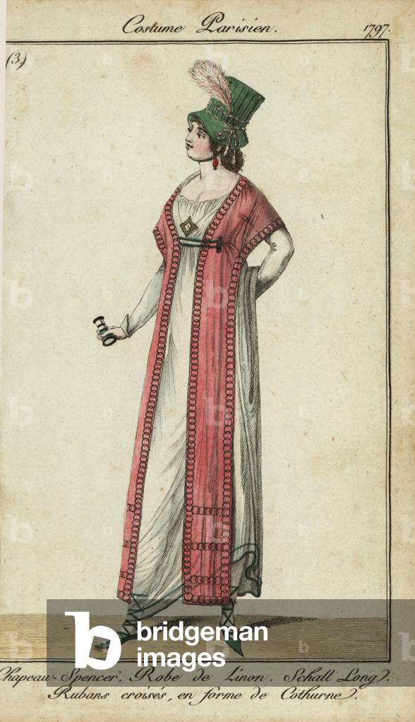 Woman in Spencer hat and clothurne sandals, 1797 (handcoloured copperplate engraving)