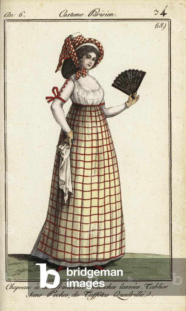 Woman in the Primerose hat fashion of 1798 (handcoloured copperplate engraving)