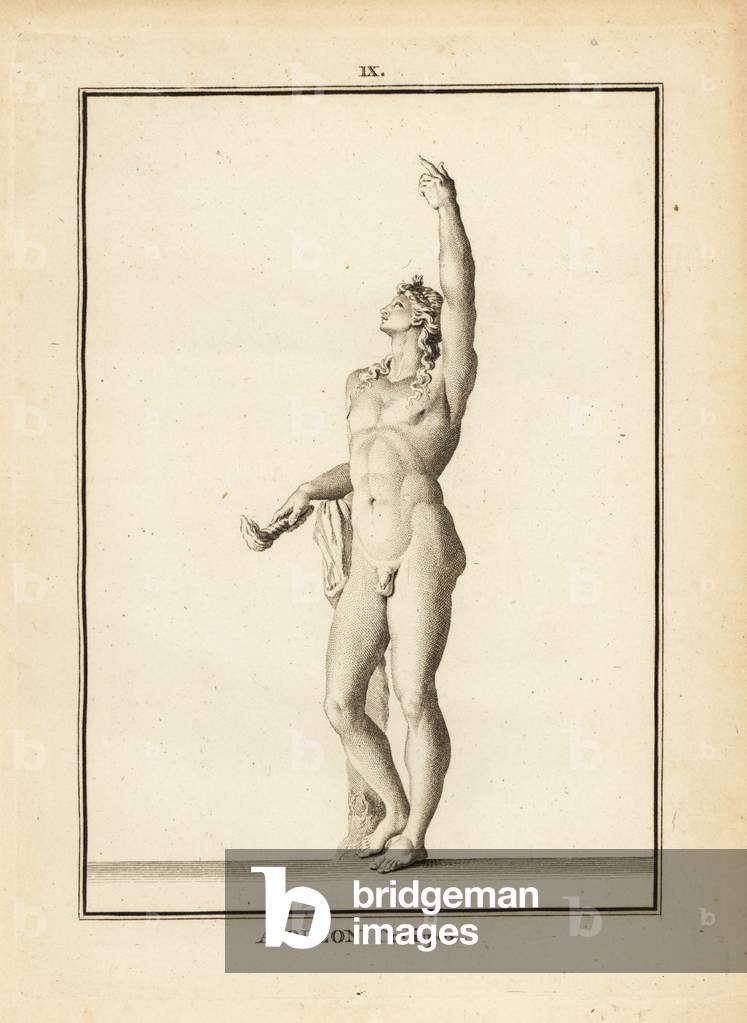 Statue of Apollo Coelispex, looking at the sky, nude, with flaming torch