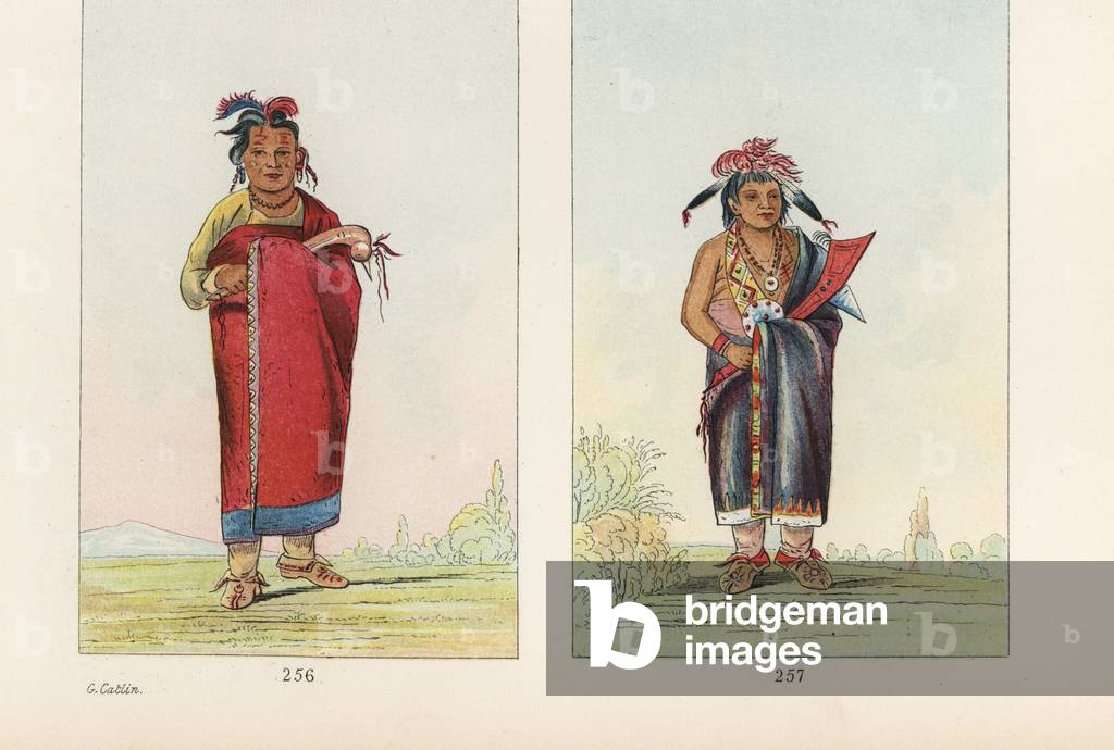 Winnebago warriors: Kaw-kaw-ne-choo-a 256 and WA-kon-zee-kaw, Snake 257, in blankets and moccasins, holding war clubs. Handcoloured lithograph from George Catlin's Manners, Customs and Condition of the North American Indians, London, 1841. Handcoloured lithograph from George Catlin's Manners, Customs and Condition of the North American Indians, London, 1841.