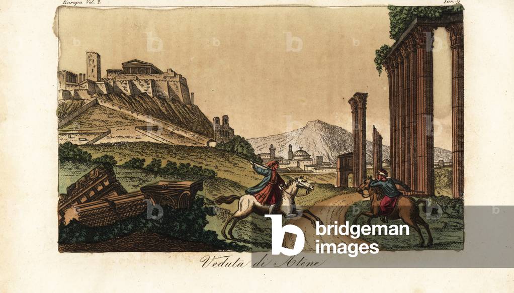 View of the city of Athens, Greece, with the Acropolis and Parthenon at left, ruins of columns, monuments and Propylaea in front